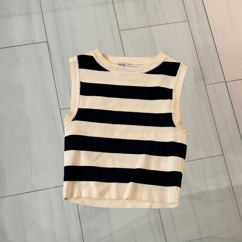 Zara Black and Cream Striped Sleeveless Top